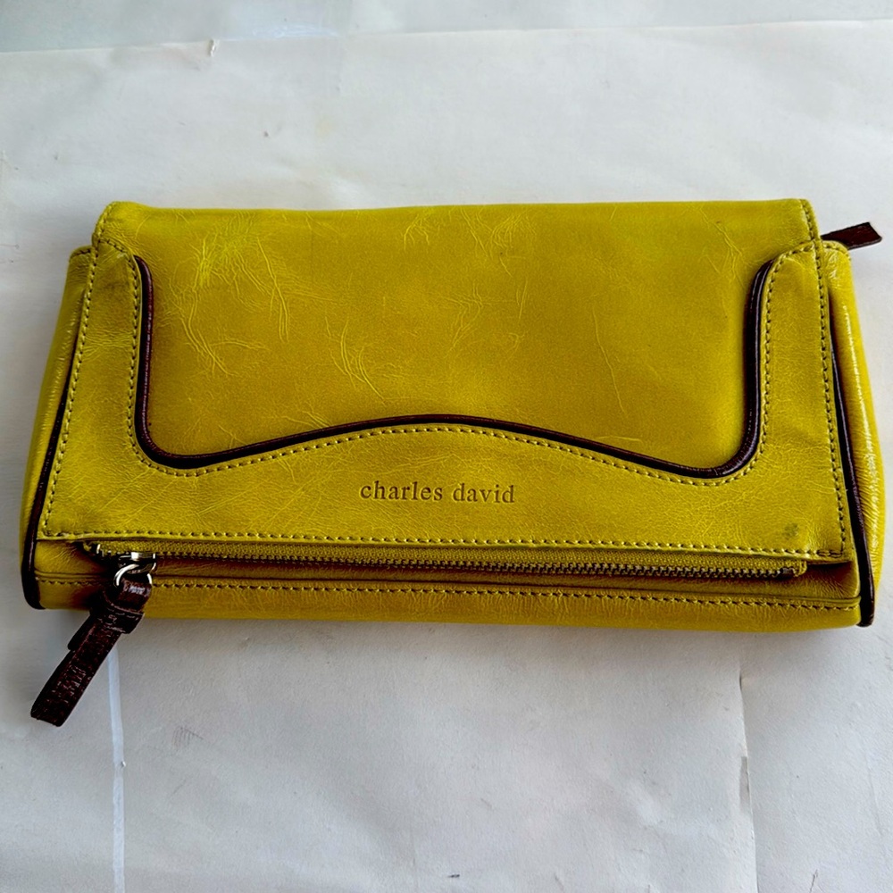 Charles David chartreuse leather clutch with leather trim